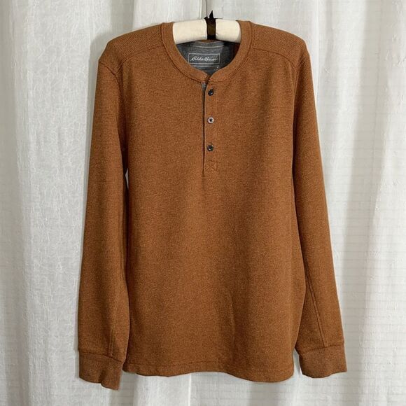 Eddie Bauer M Sienna Ginger Brown Waffle Knit Thermal Henley - Picture 3 of 11